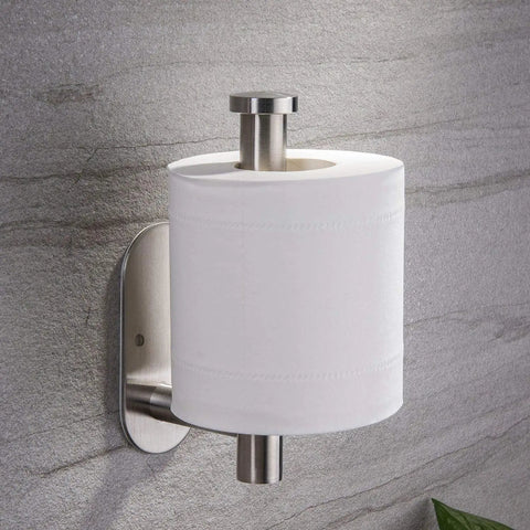 Stick On Toilet Paper Holder No Drilling Stainless Steel Brushed Finish Easy Install For Bathroom Bedroom and Lavatory Durable SUS 304 Roll Holder Six Point Two Inch Long Two Point Six Inch Plate with toilet paper roll mounted on gray wall.