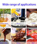 Liquid Filling Machine For Viscous Pastes And Sauces With Digital Metering No Sweat Bottle Packing showcasing various condiments like honey, sauces, jam.