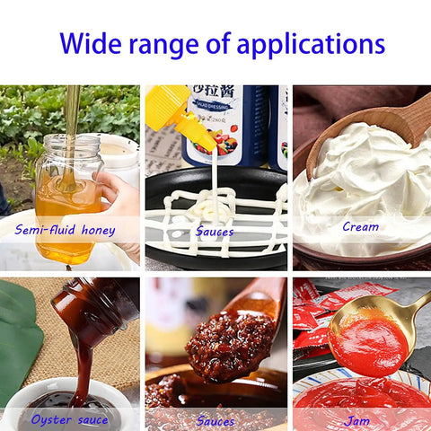 Liquid Filling Machine For Viscous Pastes And Sauces With Digital Metering No Sweat Bottle Packing showcasing various condiments like honey, sauces, jam.