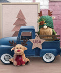 Old School Blue Metal Truck Planter Decor For Farmhouse Tables And Desks with holiday gnome and reindeer plush, USA star sign