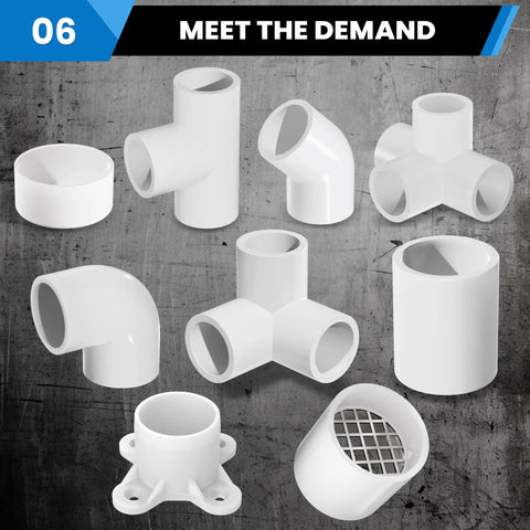 Assorted PVC fittings including Two Inch Schedule 40 PVC Vent Cap With Mesh Screen, elbows, and connectors for plumbing and HVAC systems.