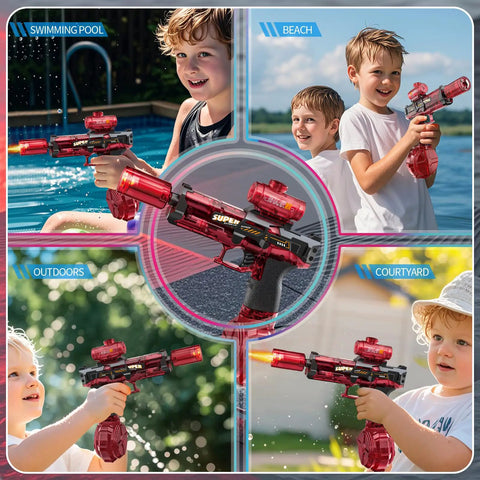 Grantley Electric Water Gun For Adults And Kids Featuring Rechargeable Automatic Squirt Blaster in outdoor fun settings.