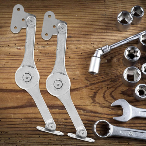 Soft Close Cabinet Door Hinges With Lift Stay Support And Hydraulic Damper, 2 Pack on wooden surface with tools nearby