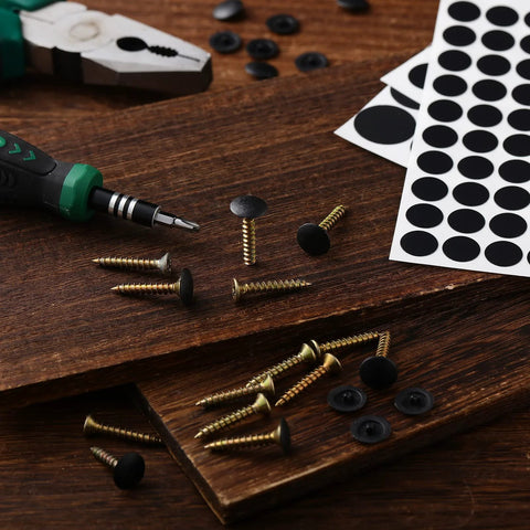 Plastic Self Tapping Screw Cap Covers Set with Self Adhesive Hole Covers for Wood Furniture black finish with screws and stickers