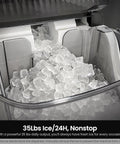 Kismile nugget ice maker, silver countertop portable ice machine with a clear bin full of nugget ice