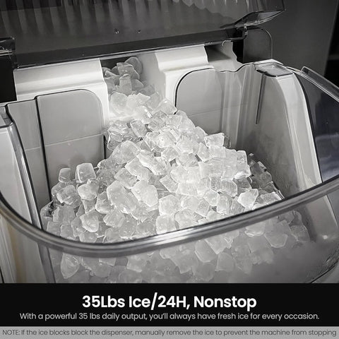 Kismile nugget ice maker, silver countertop portable ice machine with a clear bin full of nugget ice