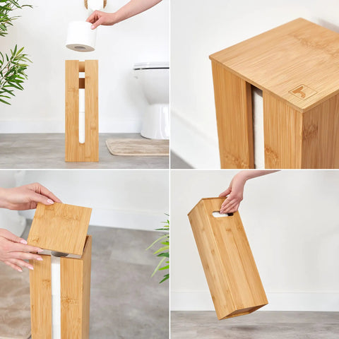 Bamboo Toilet Paper Storage Holder With Lid On A Sturdy Bamboo Base, Space Saving Roll Dispenser That Fits Up To 4 Standard Rolls