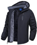 Mens Winter Jacket Waterproof Snow Coat with Fleece Lining, black outer shell, open showing inner fleece detail.