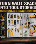 Game Changer Garage Wall Storage System With Four 12X16 Pegboard Panels Six Crystal Clear Bins And Thirty Six Heavy Duty Hooks organized with tools.