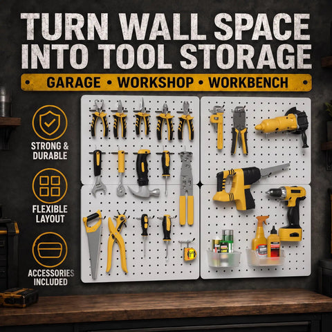 Game Changer Garage Wall Storage System With Four 12X16 Pegboard Panels Six Crystal Clear Bins And Thirty Six Heavy Duty Hooks organized with tools.