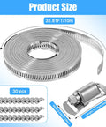 Heavy Duty 304 Stainless Steel Hose Clamp Kit with 32.8ft adjustable metal strap and 30 fasteners illustrated with size details