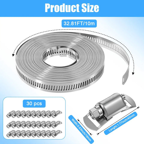 Heavy Duty 304 Stainless Steel Hose Clamp Kit with 32.8ft adjustable metal strap and 30 fasteners illustrated with size details