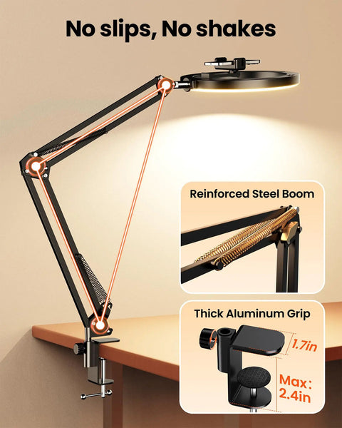 Ultra Flexible Overhead Ring Light With Desk Mount And Hands Free Phone Holder 10 Inch Selfie Light with reinforced steel boom