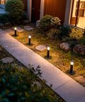 Garden view with 4 Pack Low Voltage Pathway Lights Dope 3W LED Outdoor Landscape Lighting 120 Lumen 3000K Warm White Wired Walkway And Driveway Lights In Black Metal With Connector