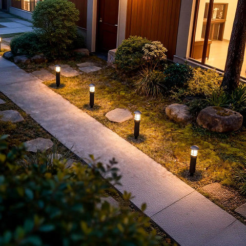 Garden view with 4 Pack Low Voltage Pathway Lights Dope 3W LED Outdoor Landscape Lighting 120 Lumen 3000K Warm White Wired Walkway And Driveway Lights In Black Metal With Connector