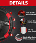 Fresh Red Six Piece Car Accessories Set Includes Universal 14.5 Inch Microfiber Leather Steering Wheel Cover with anti-slip design.