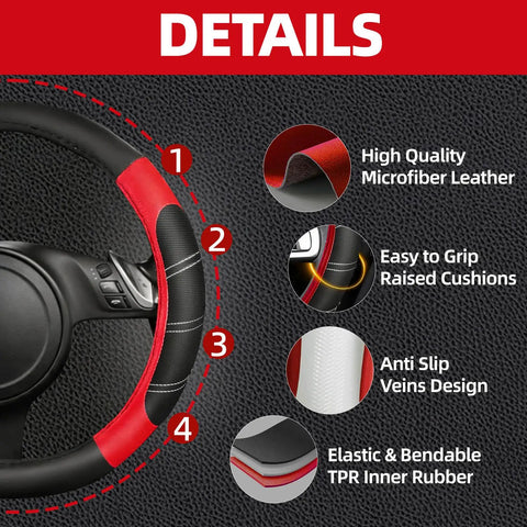 Fresh Red Six Piece Car Accessories Set Includes Universal 14.5 Inch Microfiber Leather Steering Wheel Cover with anti-slip design.