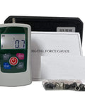 Digital Push And Pull Force Gauge Meter 200N Range 20Kg 45Lb 720Oz Beefy Handheld Dynamometer with display and accessories.