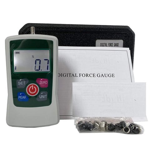 Digital Push And Pull Force Gauge Meter 200N Range 20Kg 45Lb 720Oz Beefy Handheld Dynamometer with display and accessories.