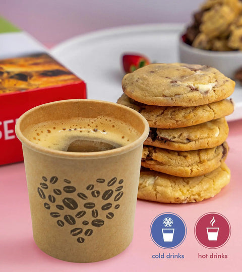 4 Oz Espresso Cups 100 Pack Kraft Disposable Paper Cups For Home Office Or Party with cookies and beverages