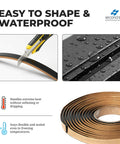 Durable Pro Grade Butyl Sealant Tape For Auto RV Marine And Window Glazing One Roll Twenty Feet By One Half Inch By One Quarter Inch Waterproof And Weatherproof Indoor Outdoor Use Clean Seal With One Hundred Percent Pure Butyl Made In USA shown with cutting tool and waterproof test
