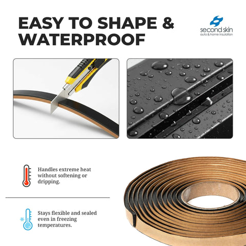 Durable Pro Grade Butyl Sealant Tape For Auto RV Marine And Window Glazing One Roll Twenty Feet By One Half Inch By One Quarter Inch Waterproof And Weatherproof Indoor Outdoor Use Clean Seal With One Hundred Percent Pure Butyl Made In USA shown with cutting tool and waterproof test