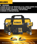 Front view of 20V Max XR Cordless Impact Driver And Hammer Drill Combo Kit with Two 4Ah Powerpack Batteries and Charger in bag