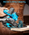 Heavy Duty 6-1/2 Inch Cordless Circular Saw Featuring Twin 21V 8000 Mah Battery Set And Rapid Charger Kit cutting a bevel at 45 degrees on wood.