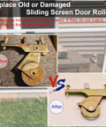 Spring Loaded Sliding Screen Door Roller Replacement With 1 Inch Steel Ball Bearing Concave Wheels For Smooth Glide And Easy Install Fits Most Standard Aluminum Screen Doors And Other Major Brands 4 Pack displaying before and after comparison of door roller replacement with screws included.