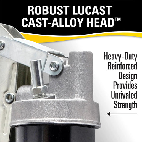 Close-up of Heavy Duty Lever Grease Gun With 18 Inch Flex Hose And Coupler 7000 PSI High Pressure Deluxe LuCast head