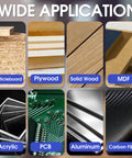 Image showing wide application of CNC router bits on particleboard, plywood, solid wood, MDF, acrylic, PCB, aluminum, and carbon fiber.