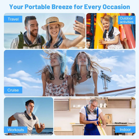Portable Neck Fan With 6 Speeds And 8000mAh Battery used in various outdoor and indoor settings by people staying cool.