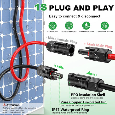 30 Ft 10AWG Solar Extension Cable With Tin Coated Copper PV Wire And Waterproof Male And Female Connectors For Home Boat And RV