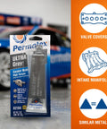 Front view of Permatex Ultra Grey High-Torque RTV gasket maker tube in blister pack, 3.5 oz