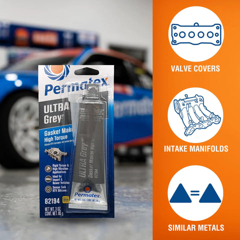 Front view of Permatex Ultra Grey High-Torque RTV gasket maker tube in blister pack, 3.5 oz