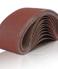 Rugged 3X21 Inch Sanding Belts, 12 Pack 80 Grit Aluminum Oxide Open Coat For Belt Sander displayed in a coiled stack