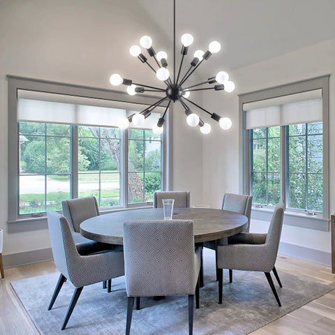Black Modern Sputnik Chandelier With 18 Lights, 360 Degree Adjustable Angles in dining room setting