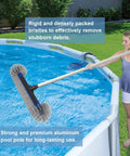 Woman using Deluxe Five-In-One Pool Cleaning Kit with detachable 20-inch brush head and 13-foot aluminum pole on above-ground pool