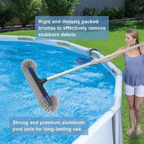 Woman using Deluxe Five-In-One Pool Cleaning Kit with detachable 20-inch brush head and 13-foot aluminum pole on above-ground pool