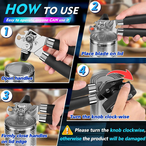 Manual Can Opener Heavy Duty Multifunction With Magnet Lift Plus Ergonomic Curved Handle Grip Stainless Steel usage instructions