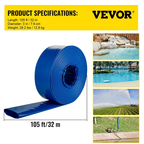 Heavy Duty PVC Lay Flat Discharge Hose 3 Ft By 105 Ft With Clamps For Pool Backwash And Water Transfer Weather Resistant Burst Proof Reinforced Braided Construction Built To Last Outdoor Use Blue