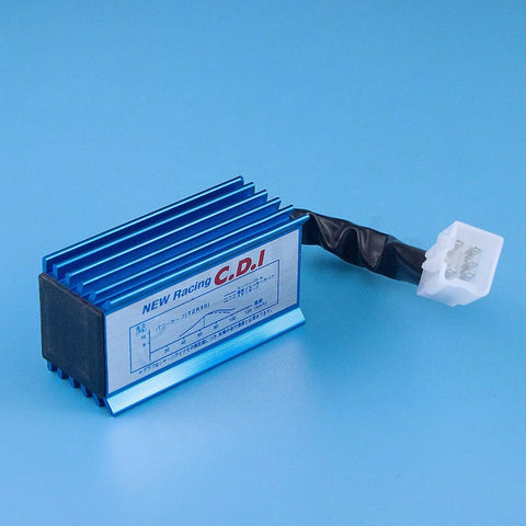 5 Pin Racing AC CDI Ignition Box Replacement For 50cc To 160cc Chinese Pit Dirt Bikes And ATVs Fits 139QMB 152QMI 157QMJ Engines Easy Install Durable Performance For TaoTao Roketa SunL Baja Panterra Kymco And More on blue background