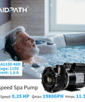 Top Shelf 1.5 Horsepower Hot Tub Spa Pump With Nema 48 Frame Motor beside a relaxing spa, showcasing dual speed and sleek design.