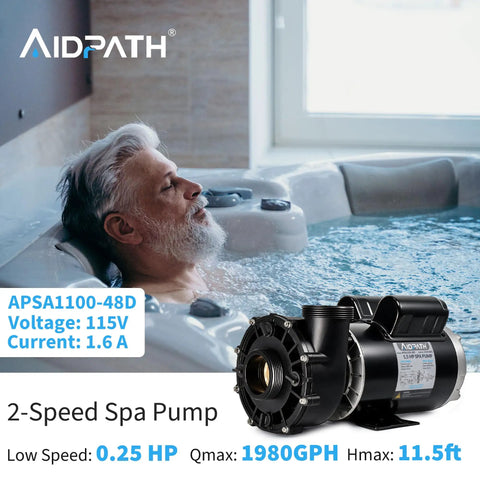 Top Shelf 1.5 Horsepower Hot Tub Spa Pump With Nema 48 Frame Motor beside a relaxing spa, showcasing dual speed and sleek design.