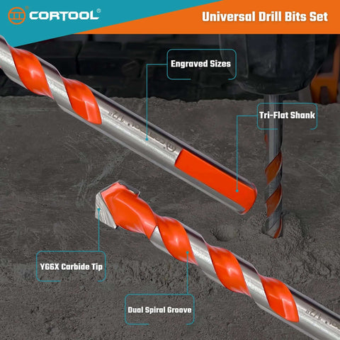 Masonry drill bit set by Cortool, 10 pcs, 5/32–1/2 in, carbide-tipped with tri-flat shanks