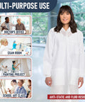 Unisex Disposable Lab Coats White Knee Length With 3 Pockets Size Large Pack Of 50 For Hospitals Clinics Labs Pharmacies And Home Use Workhorse Protective Gear displayed with multi-purpose use.