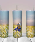 Three tumblers with floral design and child image, showing full view and details for sublimation customization.
