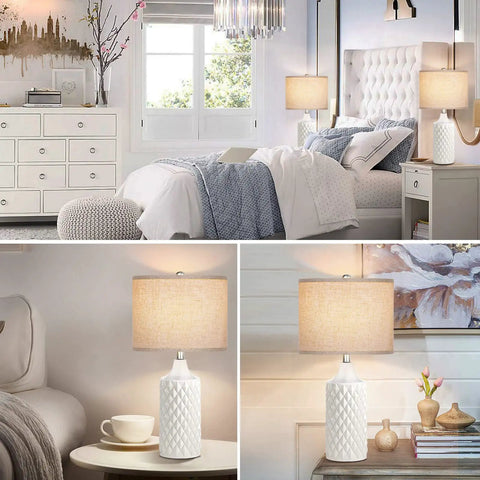 Two Pack 25 Inch White Ceramic Table Lamps For Bedroom And Living Room With 3 Color Temperatures Coastal Farmhouse Nightstand Lamps With Soft Linen Lampshades And Included LED Bulbs