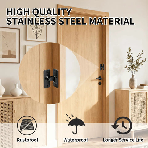 Compact 90 Degree Flip Latch Gate Security Lock With Matte Black Finish Rock Solid Build Made For Cramped Spots And Quick Setup On Barn Doors Sheds And Kennels, installed on wooden door.