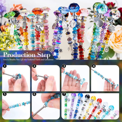 Colorful production steps for 513 Piece DIY Beaded Garden Stakes And Fairy Wand Craft Kit With Sparkling Crystal Accents.